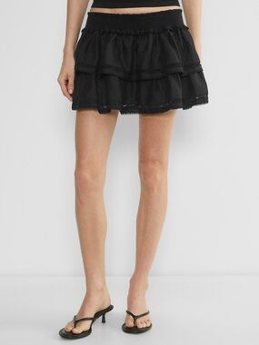 Aritzia Sunday Best Pixie Linen Black Tiered Micro Mini Skirt Smocked Waist sz L